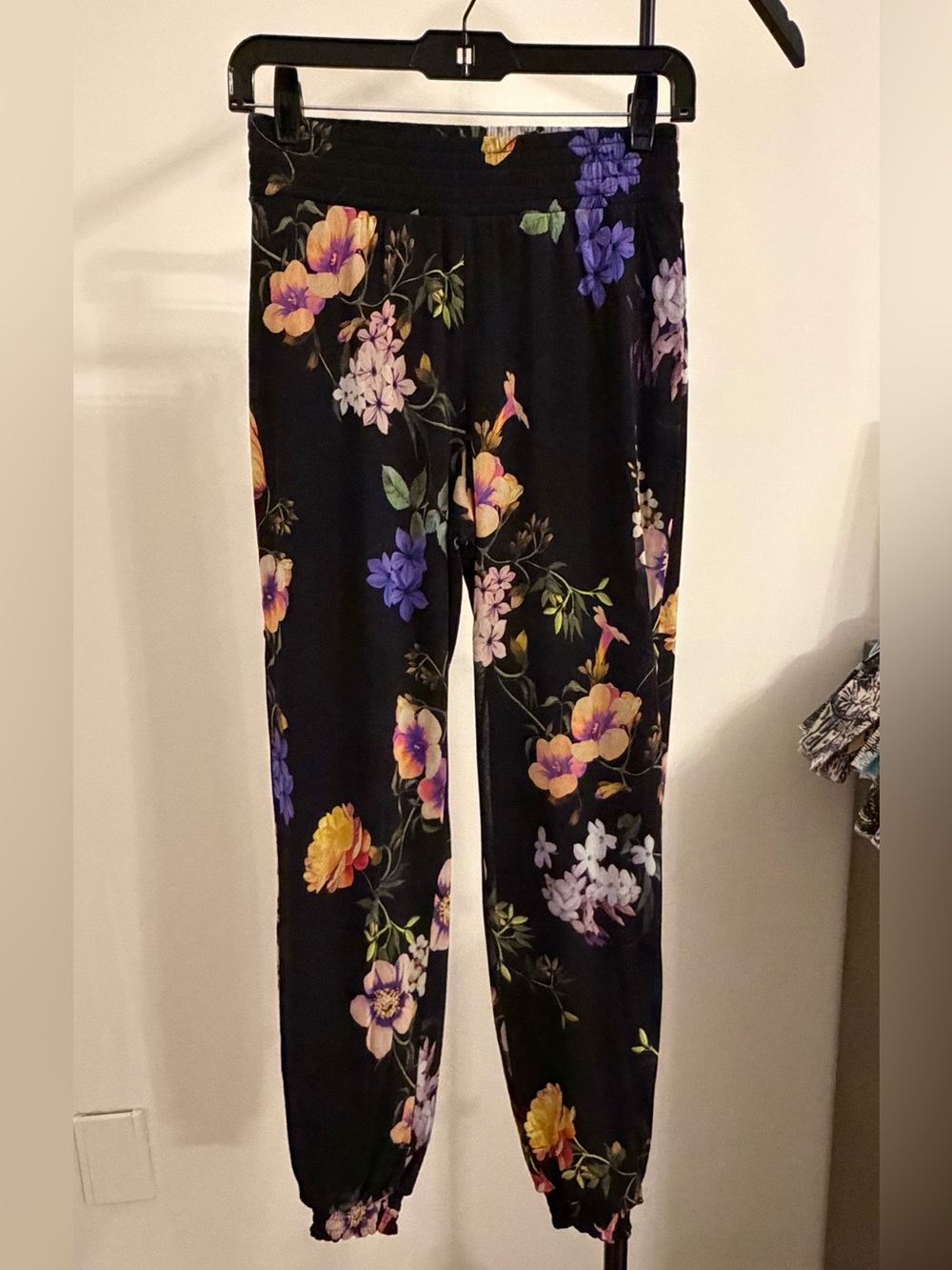 Fuzzi Floral Jogger Pants in Black with Yellow & Purple Blooms